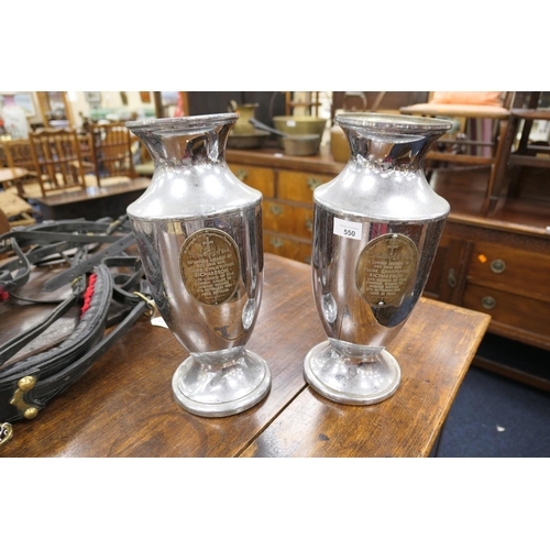 550 - Pair of chromed presentation altar vases with inscribed silver plaques, height 42cm