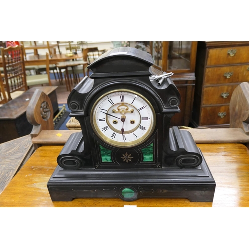 557 - French slate mantel clock, with pendulum, height 42cm, width 48cm