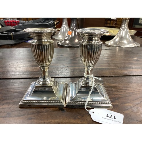 171 - Pair of late Victorian silver dwarf candlesticks, Sheffield 1894 (loaded), height 11.5cm