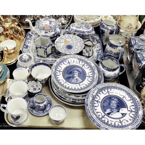 61 - Mixed blue and white ceramics including Pagoda pattern serving tray and a teapot on stand, dinner pl... 