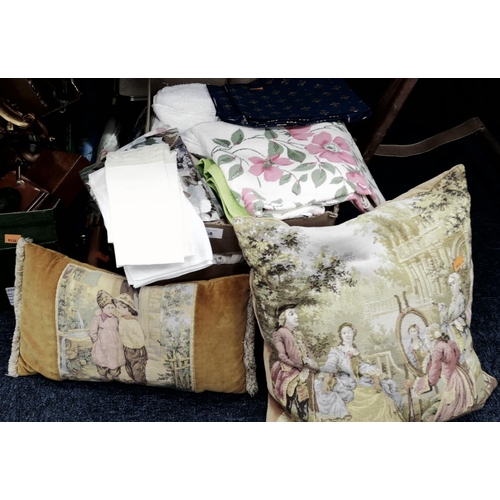 68 - Mixed textiles including embroidered white linens and two embroidered cushions (1 box)