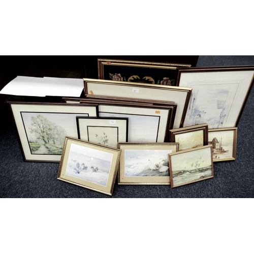 76 - Quantity of framed landscape prints; also a framed tapestry