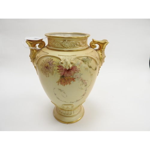 80 - Royal Worcester peach ground twin handled vase,  shape no. 1617, height 22.5cm, circa 1893