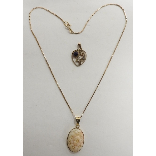 179 - 9ct gold carved shell cameo pendant suspended from a 9ct gold necklace, gross weight 8.7g; also a 9c... 