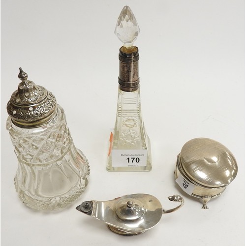 170 - Silver Aladdin's lamp table lighter, Chester date mark rubbed; also a silver hinged lidded ring box,... 