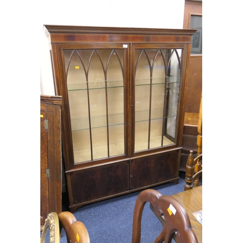 443 - Edwardian mahogany and line inlaid display cabinet with plate  glass shelves and covered base, width... 