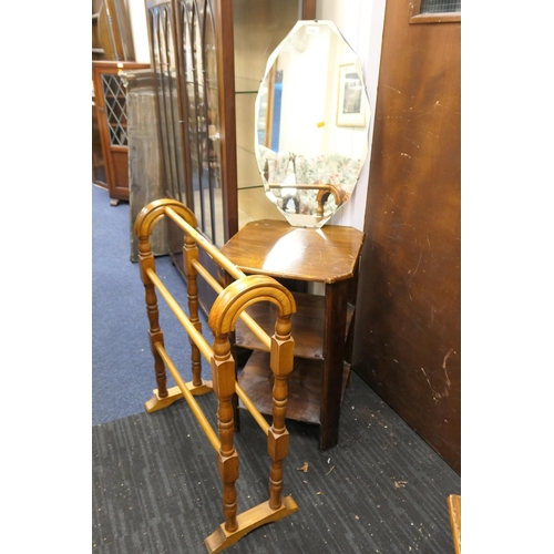 444 - Pine towel rail, stained wooden bookstand, bevelled glass wall mirror (3)