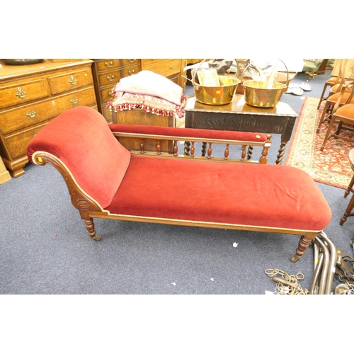 477 - Victorian walnut and red fabric upholstered rail back chaise longue