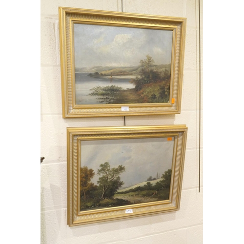 495 - Two similar framed landscape oil paintings, both indistinctly signed, total size 49cm x 62cm