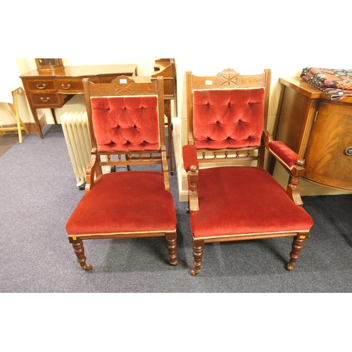 498 - Victorian mahogany and upholstered lady's and gent's salon chairs, circa 1880