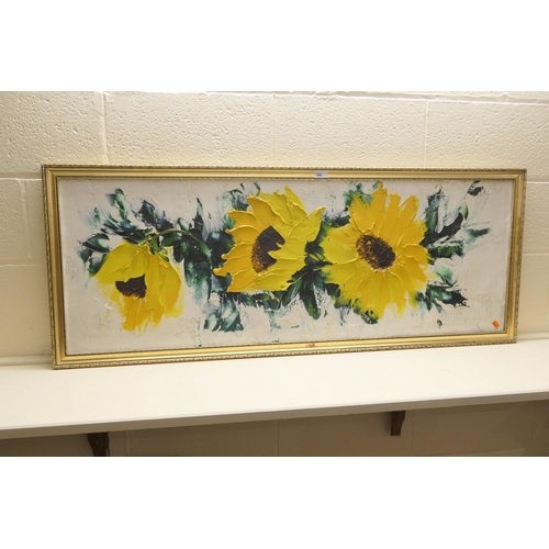 506 - Decorative modern oil painting of sunflowers, indistinctly signed, size 54cm x 139cm