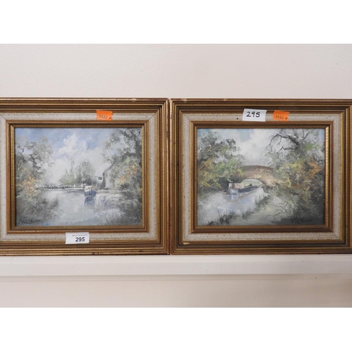 295 - Pair of modern framed oil paintings, boats on the canal