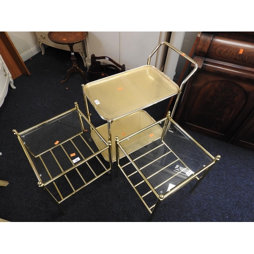 299 - Pair of modern brass framed and glass topped square occasional tables and a metal framed tea trolley... 