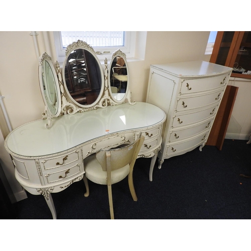 300 - French style cream and parcel gilt kneehole dressing table with triptych mirror and a non-matching c... 