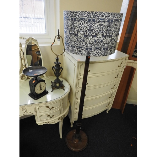 301 - Turned and reeded wooden standard lamp; also a French spelter table lamp and a Hughes family scale n... 