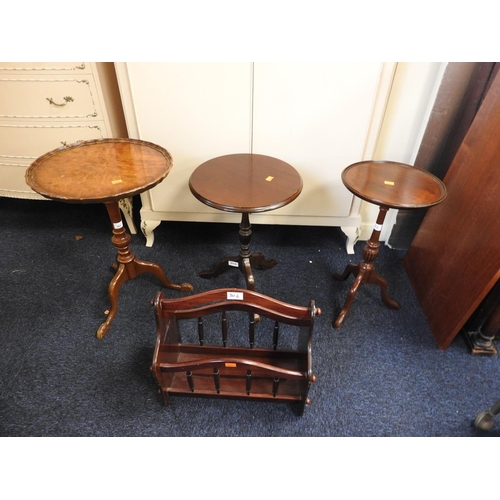 302 - Walnut pedestal wine table, two further wine tables and a magazine rack (4)