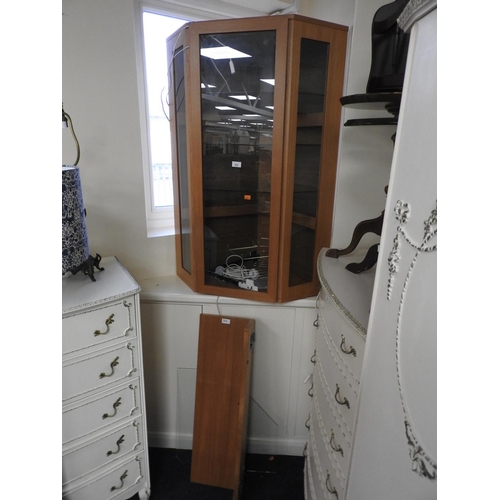 303 - Modern Tapley wood effect hanging corner display cabinet with plate glass shelves; also a teak wall ... 