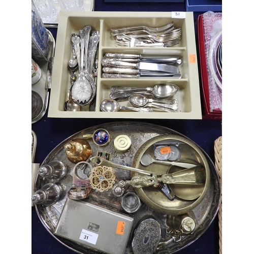 31 - Silver plated wares including galleried oval serving tray, cigarette box and Kings pattern flatware,... 