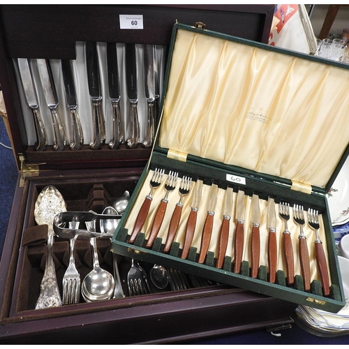 60 - Part canteen of silver plated cutlery including pistol grip knives, and a cased set of wooden handle... 