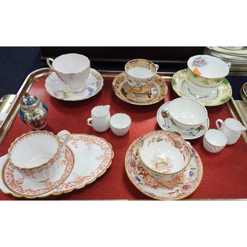 61 - Small assortment of cabinet cups and saucers including Copelands, Tuscan, also a Dresden lidded smal... 