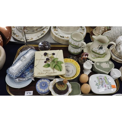 79A - Tray of decorative ceramics and glass including Rosenthal 'Peeping Tom' soap dish, Wedgwood jasper w... 