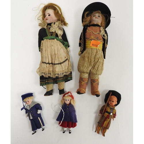 156 - SFBJ bisque headed doll in a continental regional costume, height 23cm; also an AM doll, similarly c... 