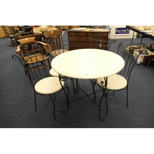 526 - Modern wrought metal and cream painted bistro suite comprising circular table, 92cm diameter, and fo... 