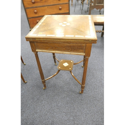 530 - Unusual oak envelope card table inset with Chinese mother-of-pearl counters, width 56cm