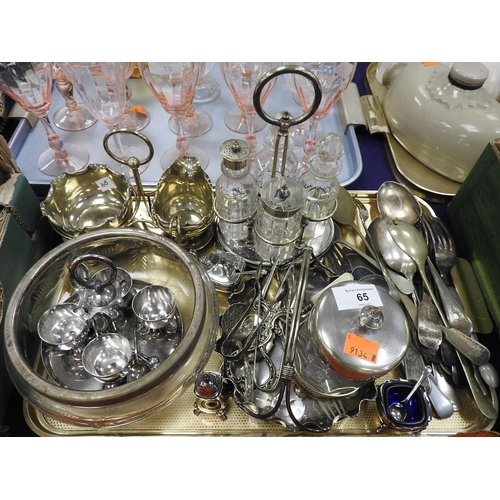 65 - Assorted silver plate including milk jug and sugar bowl in serving holder, cruet set, egg cruet with... 