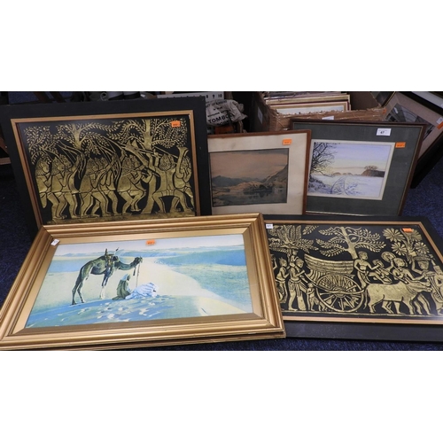 67 - Amateur watercolour of a winter landscape, framed, and four further framed prints (5)