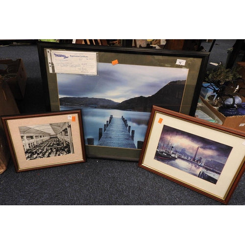 72 - Evening print of Ullswater attributed to Seaward, framed; also a print of Liverpool Dock and a circa... 