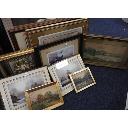 83 - Assorted pictures including a gilt framed Turner 'Criccieth Castle' print , further prints and a woo... 