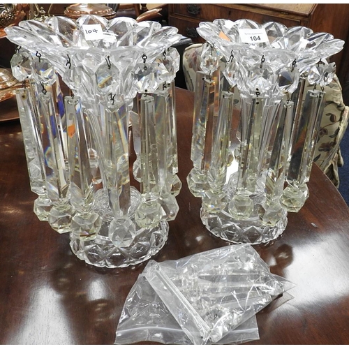 104 - Pair of Victorian clear glass trumpet lustres, height 27.5cm