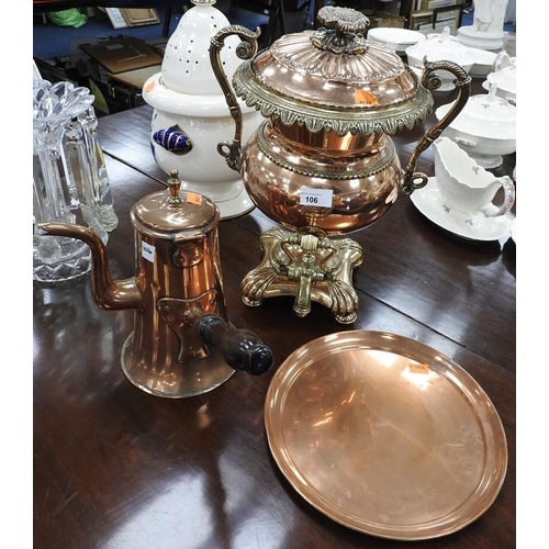 106 - Victorian copper and brass samovar raised on scrolled base and button feet, a copper plate and also ... 