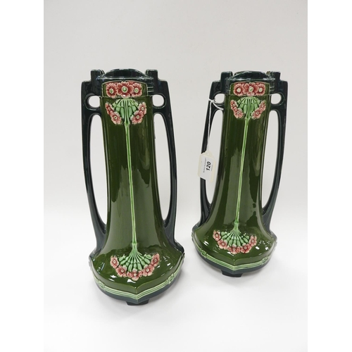 120 - Pair of Eichwald Secessionist vases, of inverted trumpet form, with full length handles and floral d... 