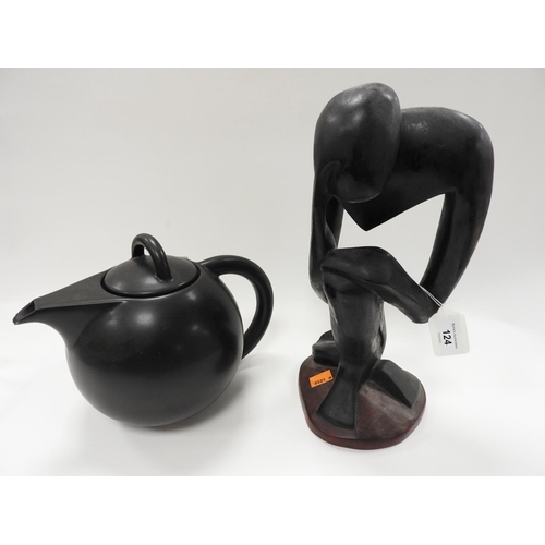 124 - Carved wooden art sculpture 'The Thinker' and also a matt black modern German teapot (2)