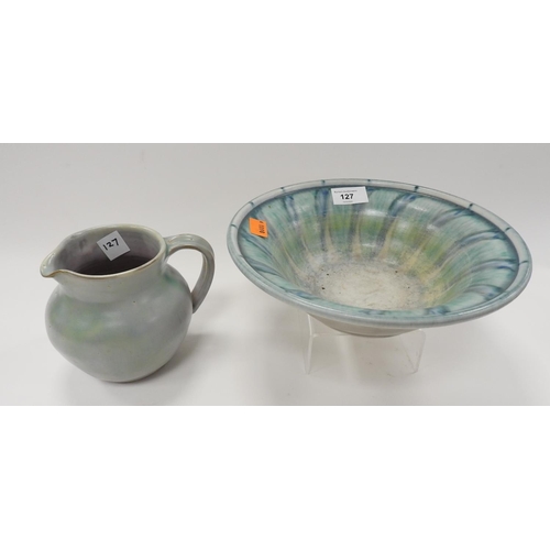 127 - Royal Lancastrian green and blue swirl pattern bowl by Gwladys Rodgers also initials 'ETR' on base; ... 