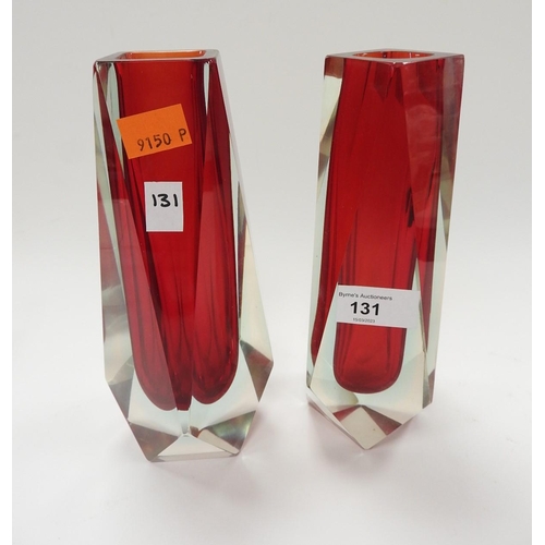 131 - Pair of Murano faceted cut glass vases with red ground centres