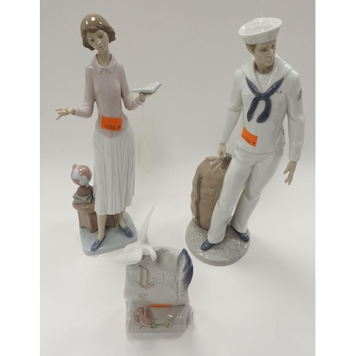 136 - Two Lladro figurines, one of a sailor, the other of an educated lady; also a Lladro Society stand (3... 