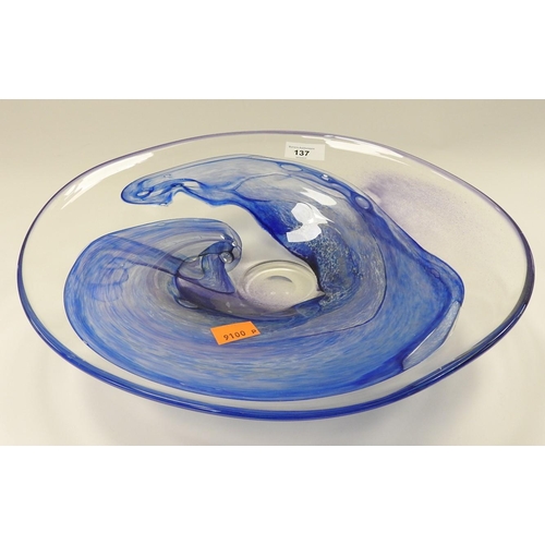 137 - Art Glass free form bowl with central blue swirl pattern