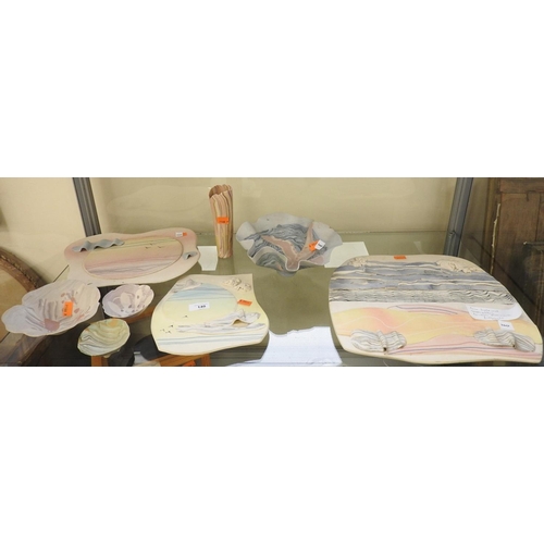 140 - Anne Lightwood contemporary ceramics including three wall tiles, four paper clay bowls and similar v... 