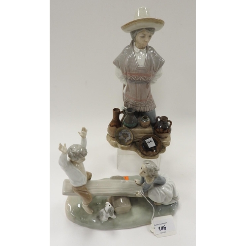 146 - Two Lladro figures, one a Peruvian stoneware seller, the other of children playing on a see-saw