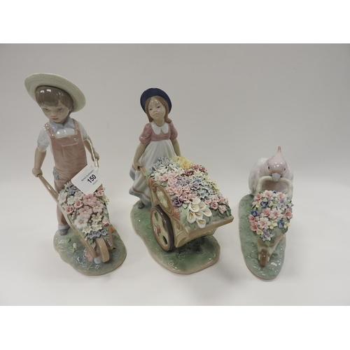 150 - Three Lladro figures, all pushing wheel barrows