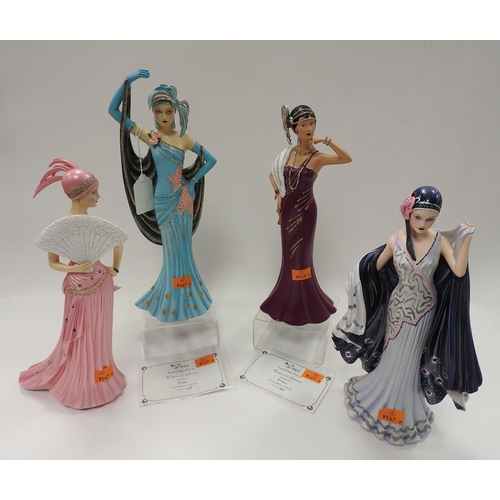 152 - Two Deco style limited edition figurines, one 'Evelyn' the other 'Delores' and two further Deco figu... 