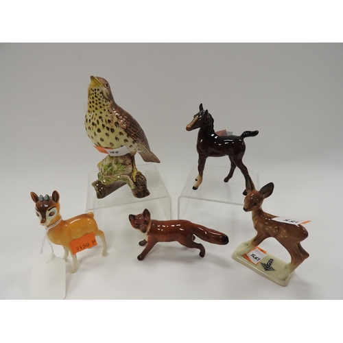 155 - Beswick song thrush, no. 2308; also a Beswick fox, horse and Bambi and a Cortendorf figure of a fawn... 