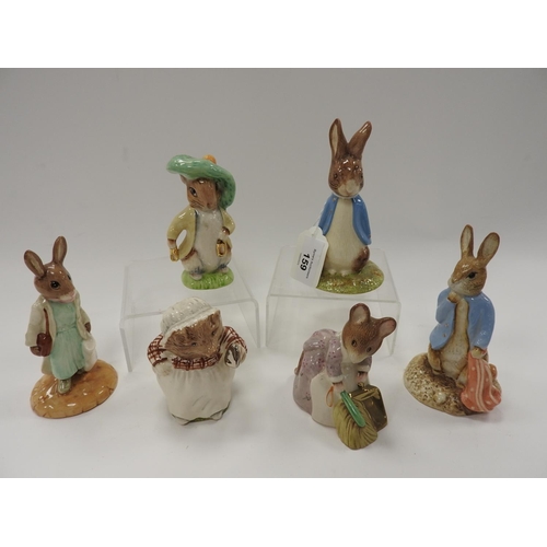 159 - Five Beswick Royal Doulton gold edition stamped figures including 'Mrs Tiggywinkle' and 'Sweet Peter... 