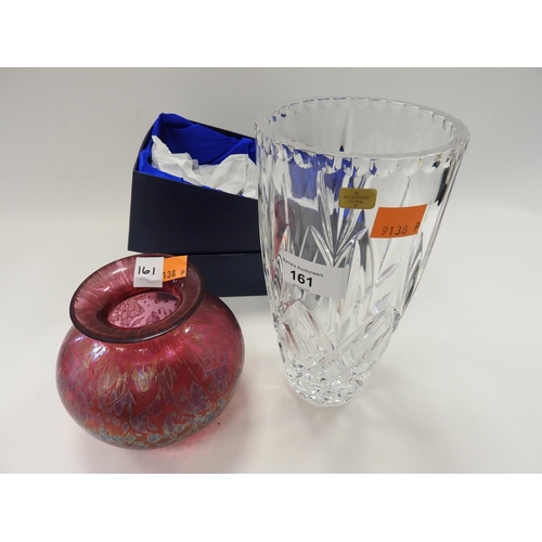 161 - Rockingham Crystal vase with box; also a cranberry coloured posy bowl vase, printed and patterned on... 