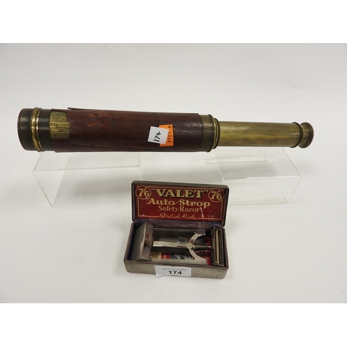 174 - Early 20th Century brass telescope with outer veneer; also a 'Valet Auto Strop' safety razor, cased ... 