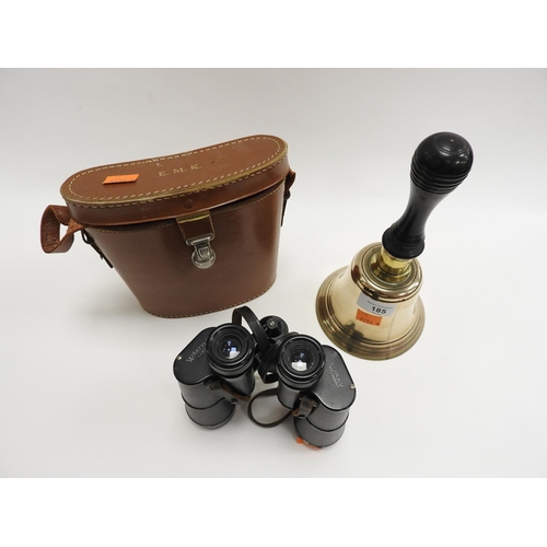 185 - Bronze and brass ebony handled handbell; also a pair of Wray, London 9 x 40 binoculars in hard leath... 