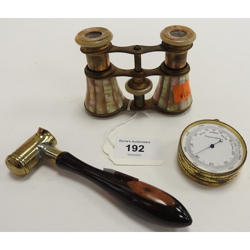 192 - G & J W Hawksley brass gunpowder measure with wooden handle, brass pocket barometer and a pair of br... 